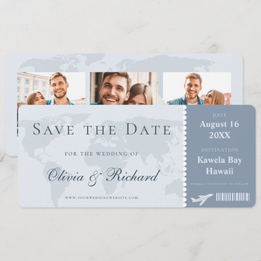 Elegante Stofblauwe Boarding Pass Save the Date Kaart (Voorkant / Achterkant)