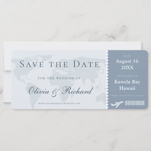 Elegante Stofblauwe Boarding Pass Save the Date Kaart (Voorkant)