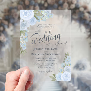 Elegante Stofblauwe Boho Chic Rozen Fijne Bruiloft Acryl Uitnodigingen