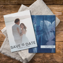 Elegante Stofblauwe Botanica & Foto Save the Date 