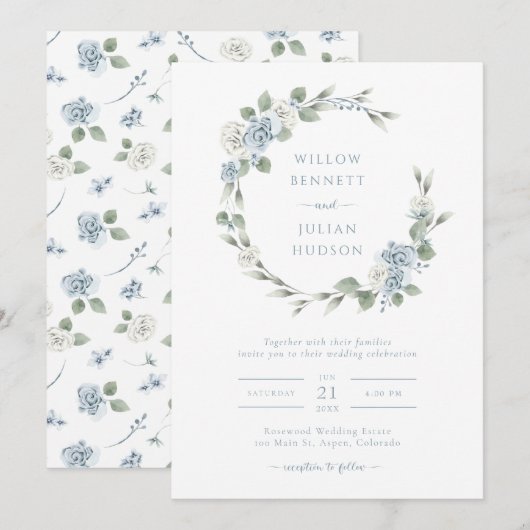 Elegante Stofblauwe Bruiloft Kaart (Voorkant / Achterkant)