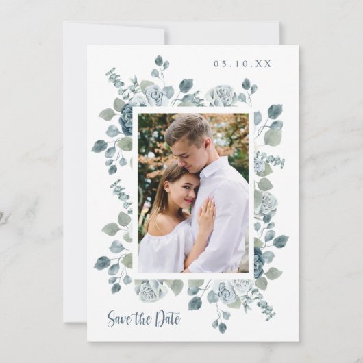 Elegante Stofblauwe Bruiloft Save The Date (Voorkant)