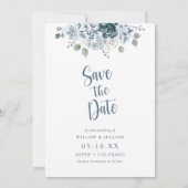 Elegante Stofblauwe Bruiloft Save The Date (Achterkant)