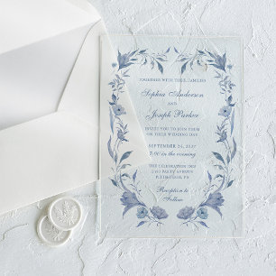 Elegante Stofblauwe Chinoiserie Bruiloft Acryl Uitnodigingen