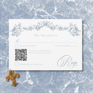 Elegante Stofblauwe Chinoiserie Cherub Trouw QR RSVP Kaartje