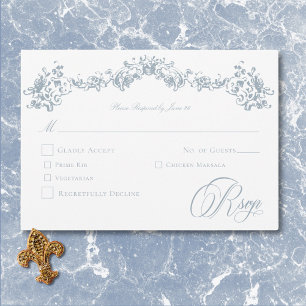 Elegante Stofblauwe Chinoiserie Cherub Trouwdag RSVP Kaartje