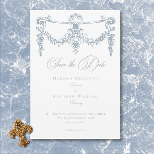 Elegante Stofblauwe Chinoiserie Cherub Trouwdag Save The Date