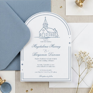 Elegante Stofblauwe Christelijke Kapel Kerk Huweli Kaart
