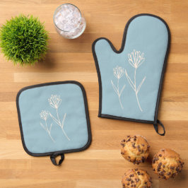 Elegante Stofblauwe Eenvoudige Bloem Naam Ovenwant & Pannenlap Set