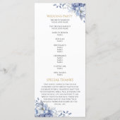 Elegante Stofblauwe en Gouden Bloemige Bruiloft Programmakaart (Achterkant)