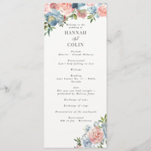 Elegante Stofblauwe en Roze Bloemenswag Programmakaart