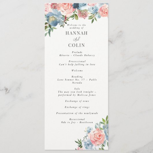 Elegante Stofblauwe en Roze Bloemenswag Programmakaart (Voorkant)
