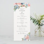 Elegante Stofblauwe en Roze Bloemenswag Programmakaart (Staand voorkant)