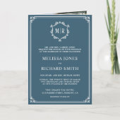 Elegante Stofblauwe en Witte Monogram Trouwkaart (Voorkant)