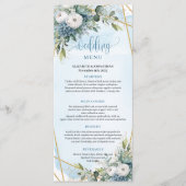 Elegante Stofblauwe Eucalyptus Bloemenen Huwelijks Menu (Voorkant)