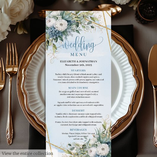 Elegante Stofblauwe Eucalyptus Bloemenen Huwelijks Menu