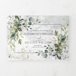 Elegante Stofblauwe Eucalyptus Groen Marble Drieluik Uitnodiging