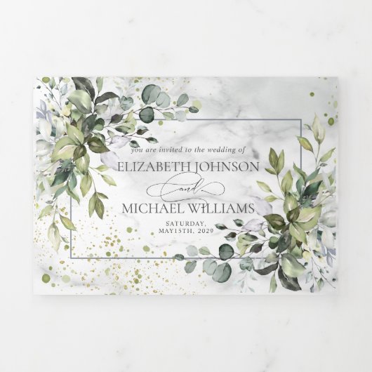 Elegante Stofblauwe Eucalyptus Groen Marble Drieluik Uitnodiging (Cover)