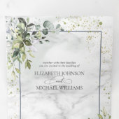 Elegante Stofblauwe Eucalyptus Groen Marble Drieluik Uitnodiging (Binnenzijde eerst)