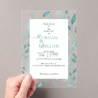 Elegante Stofblauwe Eucalyptus Turquoise Bloemige  Acryl Uitnodigingen