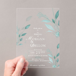 Elegante Stofblauwe Eucalyptus Turquoise Bloemige  Acryl Uitnodigingen