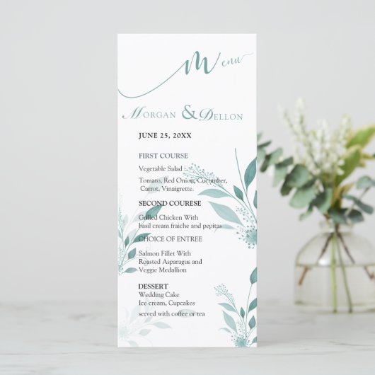 Elegante Stofblauwe Eucalyptus Turquoise Bloemige  Menu (Staand voorkant)