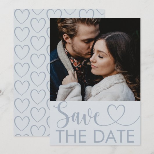 Elegante Stofblauwe Foto & Hart Bewaar de Datum Save The Date (Voorkant / Achterkant)