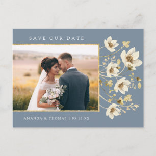 Elegante Stofblauwe Foto Huwelijk Save The Date Aankondigingskaart