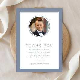 Elegante Stofblauwe Foto Jongen Eerste Communie Bedankkaart