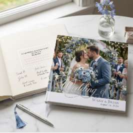 Elegante Stofblauwe Foto Zilveren Folie Bruiloftsg Gastenboek