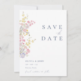 Elegante Stofblauwe Fotowilde Bloemen Bruiloft Save The Date
