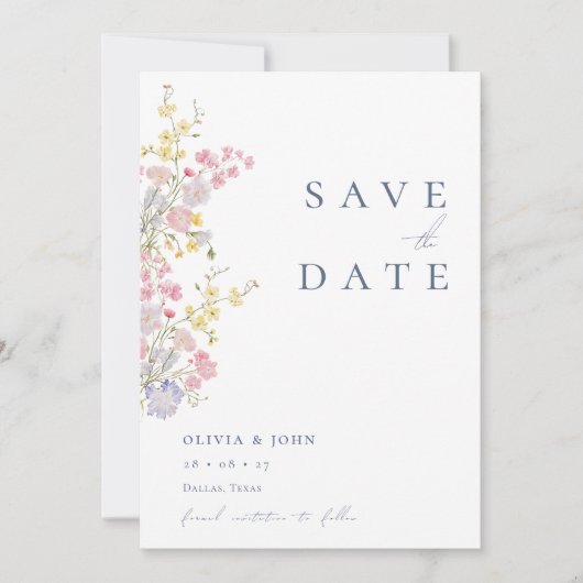 Elegante Stofblauwe Fotowilde Bloemen Bruiloft Save The Date (Voorkant)