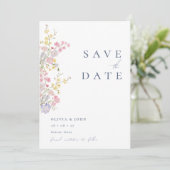 Elegante Stofblauwe Fotowilde Bloemen Bruiloft Save The Date (Staand voorkant)