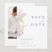 Elegante Stofblauwe Fotowilde Bloemen Bruiloft Save The Date (Voorkant / Achterkant)