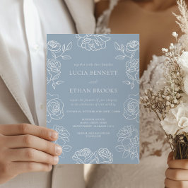 Elegante Stofblauwe Franse Rozen Bruiloft Kaart