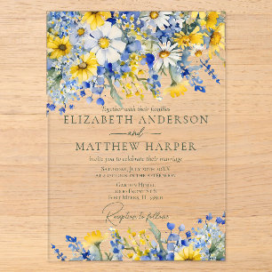 Elegante Stofblauwe Gele Wilde Bloemen Boho Bruilo Acryl Uitnodigingen