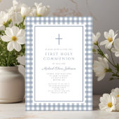 Elegante Stofblauwe Gingham Eerste Communie Jongen Kaart