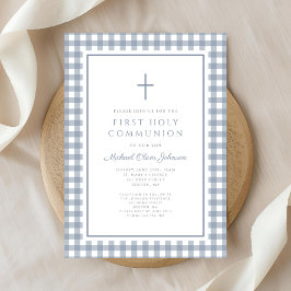 Elegante Stofblauwe Gingham Eerste Communie Jongen Kaart