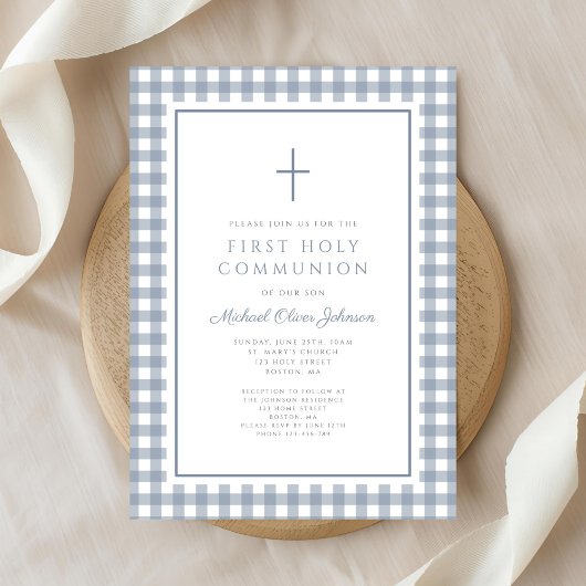 Elegante Stofblauwe Gingham Eerste Communie Jongen Kaart
