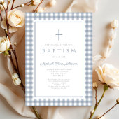 Elegante Stofblauwe Gingham Jongensdoop Kaart
