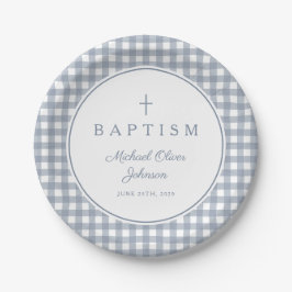 Elegante Stofblauwe Gingham Jongensdoop Papieren Bordje