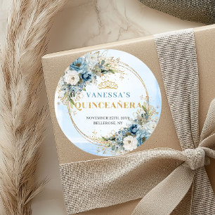 Elegante Stofblauwe Gouden Eucalyptus Quinceañera Ronde Sticker