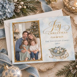 Elegante Stofblauwe Gouden Kerst Familie Foto Feestdagenkaart