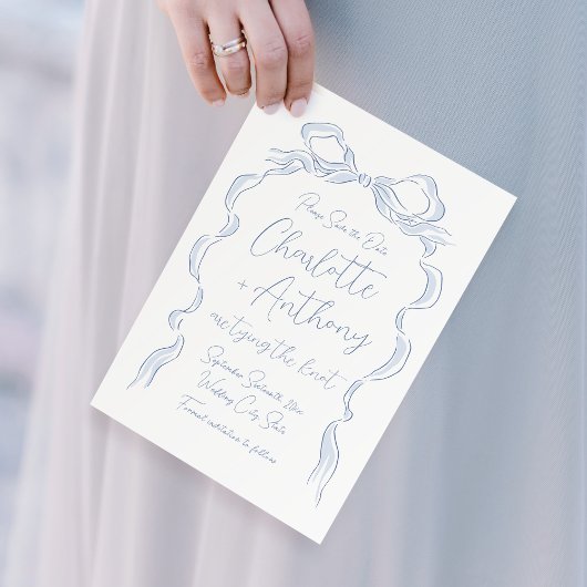 Elegante Stofblauwe Handgetekende Strik Save The Date