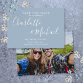 Elegante Stofblauwe Handtekening Script Foto Save The Date