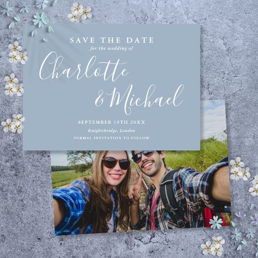Elegante Stofblauwe Handtekening Script Foto Save The Date