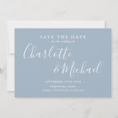Elegante Stofblauwe Handtekening Script Foto Save The Date (Voorkant)