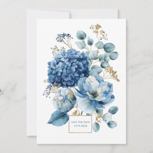 Elegante Stofblauwe Hortensia Gouden Glitters Kaart (Voorkant)