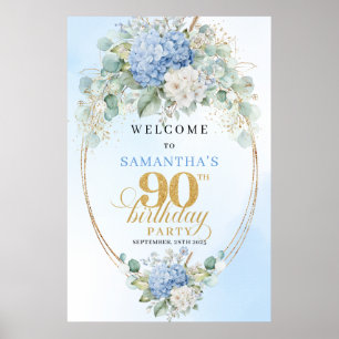 Elegante Stofblauwe Hydrangea's 90 Verjaardag Welk Poster