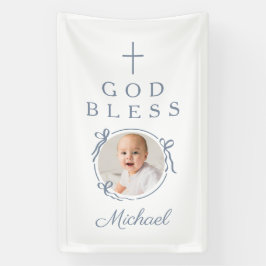 Elegante Stofblauwe Jongen God Zegen Foto Spandoek